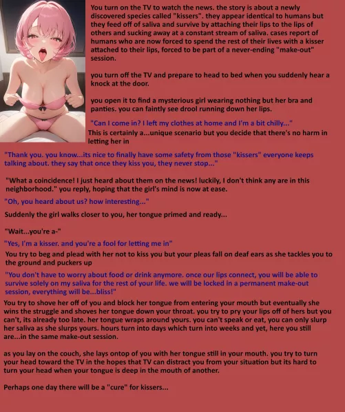 Rise of the Kissers. [Forced Kiss] [Femdom] [Non-human] [POV] [Tongue-tied] [AI Image: PixAI]