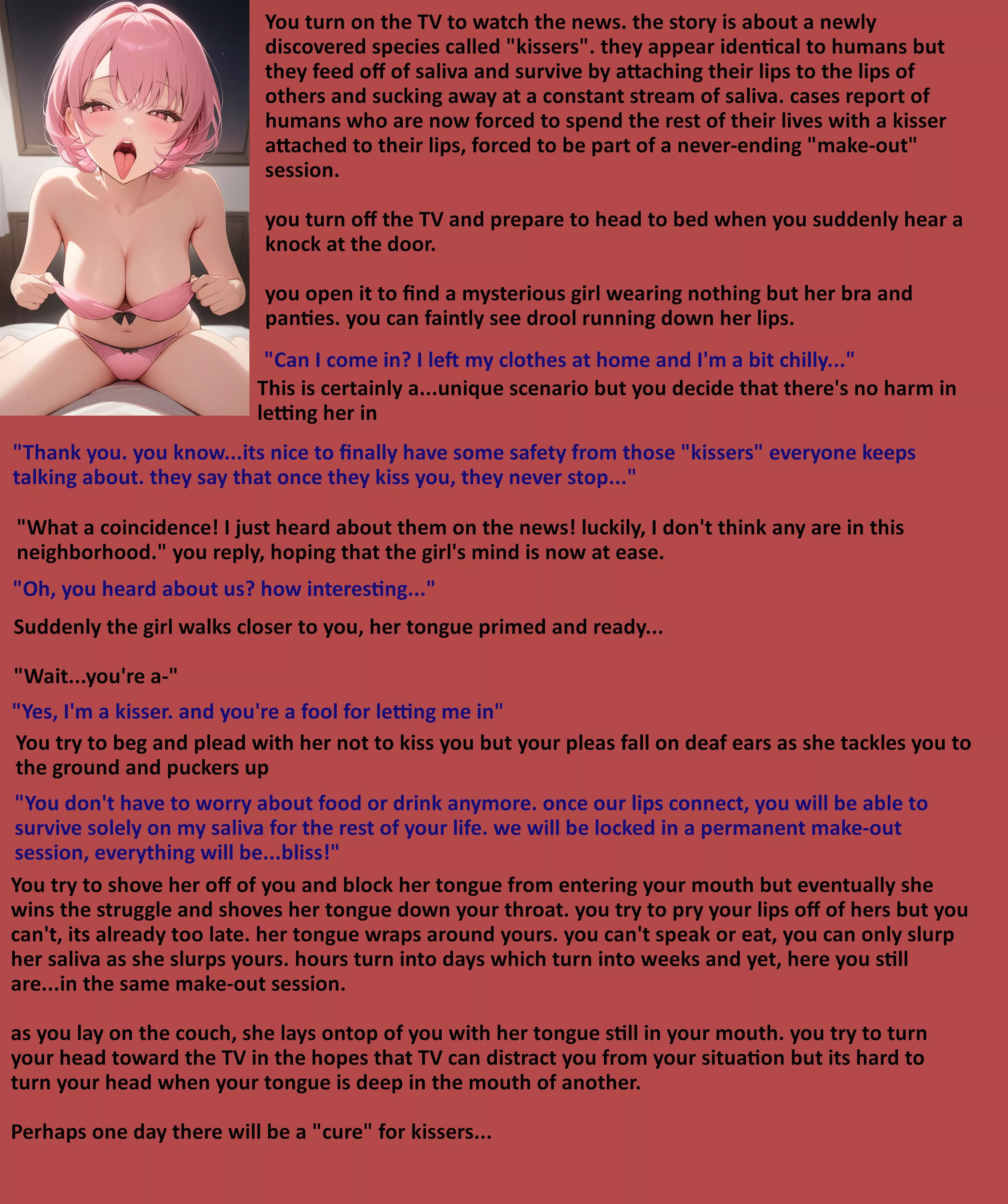 Rise of the Kissers. [Forced Kiss] [Femdom] [Non-human] [POV] [Tongue-tied] [AI Image: PixAI]