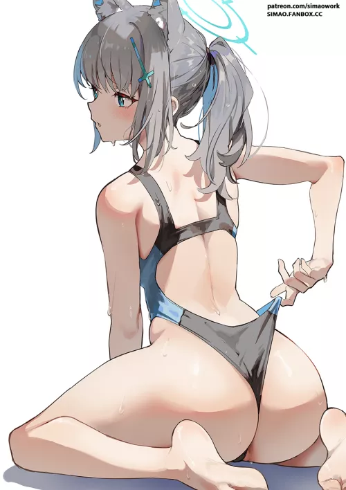 Shiroko pulling on her swimsuit 
