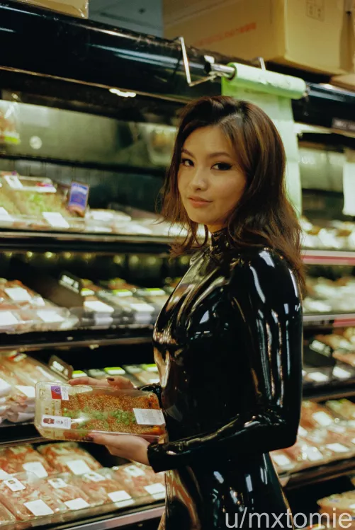 The meat section at the grocery story is extra tantalizing in shiny latex