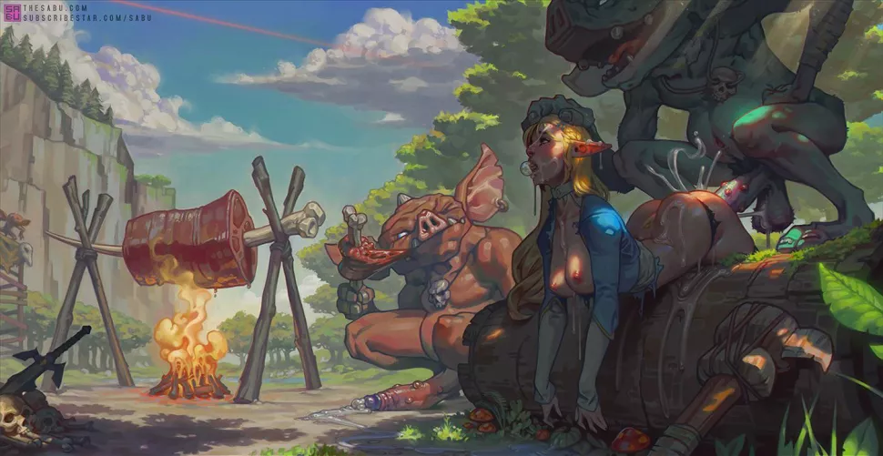Zelda should have listened when she was told not to go out by herself during Bokoblin mating season. Now she’s nothing more than their breeding whore.(Sabudenego)