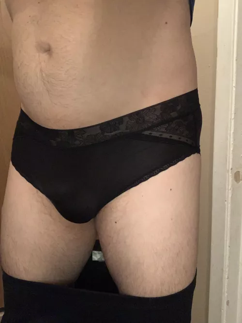 Black panty bulge today with lace trim