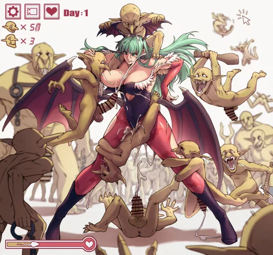 Morrigan fighting agains't the horde of Goblins (@TTF43644833)