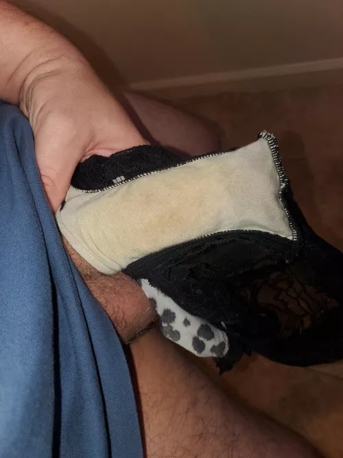 Wifes freshly worn panties. Had to put my dick in the gusset