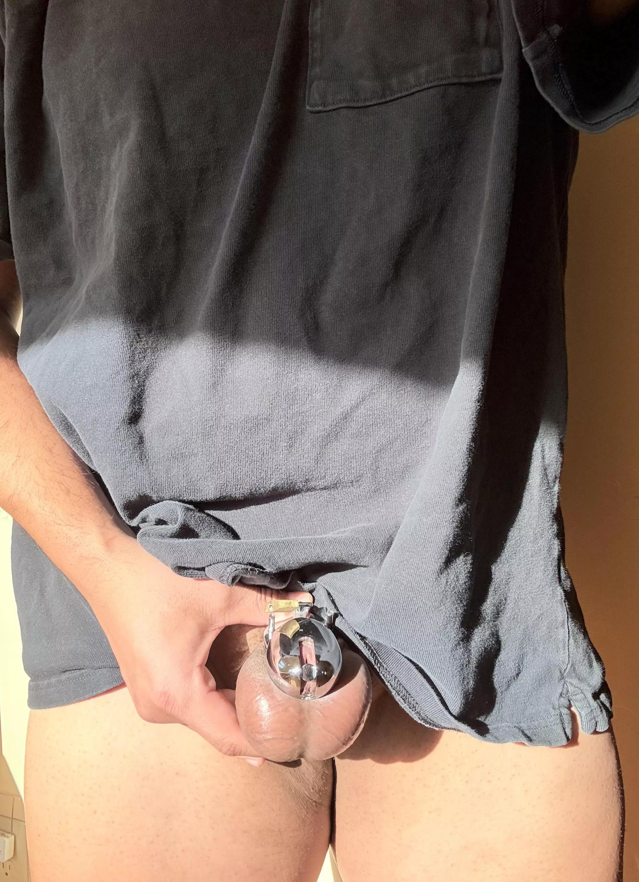 Caged and plugged dick, and throbbing swollen balls is my work from home uniform today 🔐 