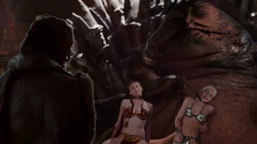 Jon Snow confronts Jabba as the Hutt chokes Sansa and Daenerys (Slave of Thrones)