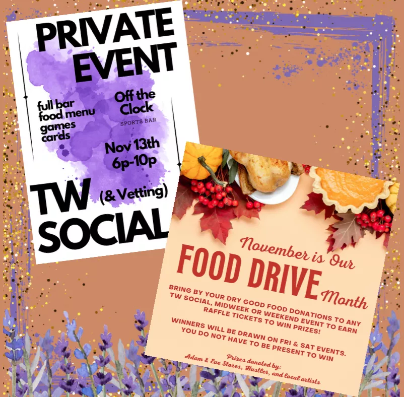 Party weekend means there is a Social tonight! Come hang out with us and other like minded people. *Don't forget it's our Food Drive month! Bring those dry food goods in exchange for raffle tickets!! Prizes will be drawn at each of the 3 parties this m