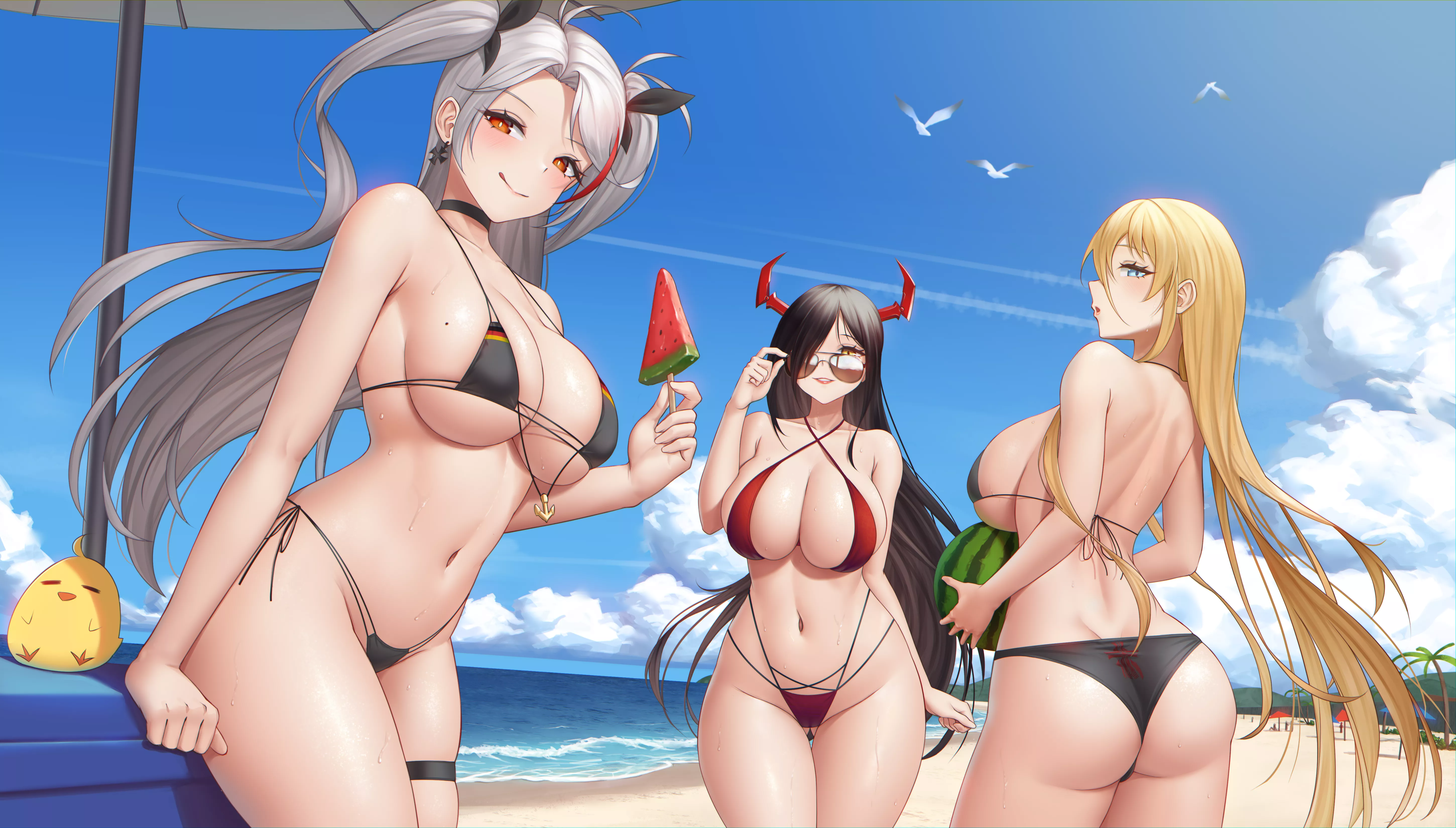Prinz Eugen, Freidrich Der Grosse and Bismarck seducing the Commander with their thick bodies and tiny bikinis