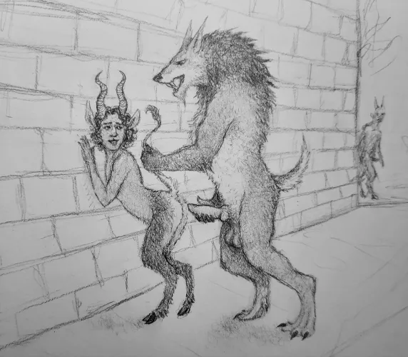 Werewolf fucking a faun in an alleyway