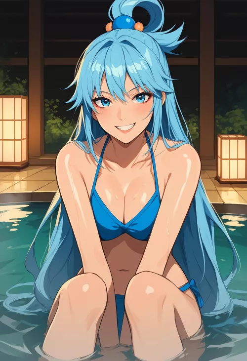 Aqua relaxing at onsen (Generated on Yodayo AI)
