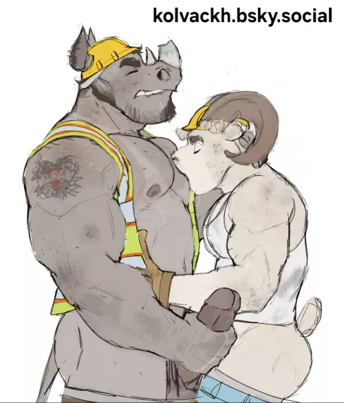 A digital drawing of two male construction workers , a rhinoceros and a sheep , engaging in a sexual act at work. The rhinoceros is masturbating while firmly pressing the sheep’s head against his chest. The sheep is sucking on the rhino’s nipple whil