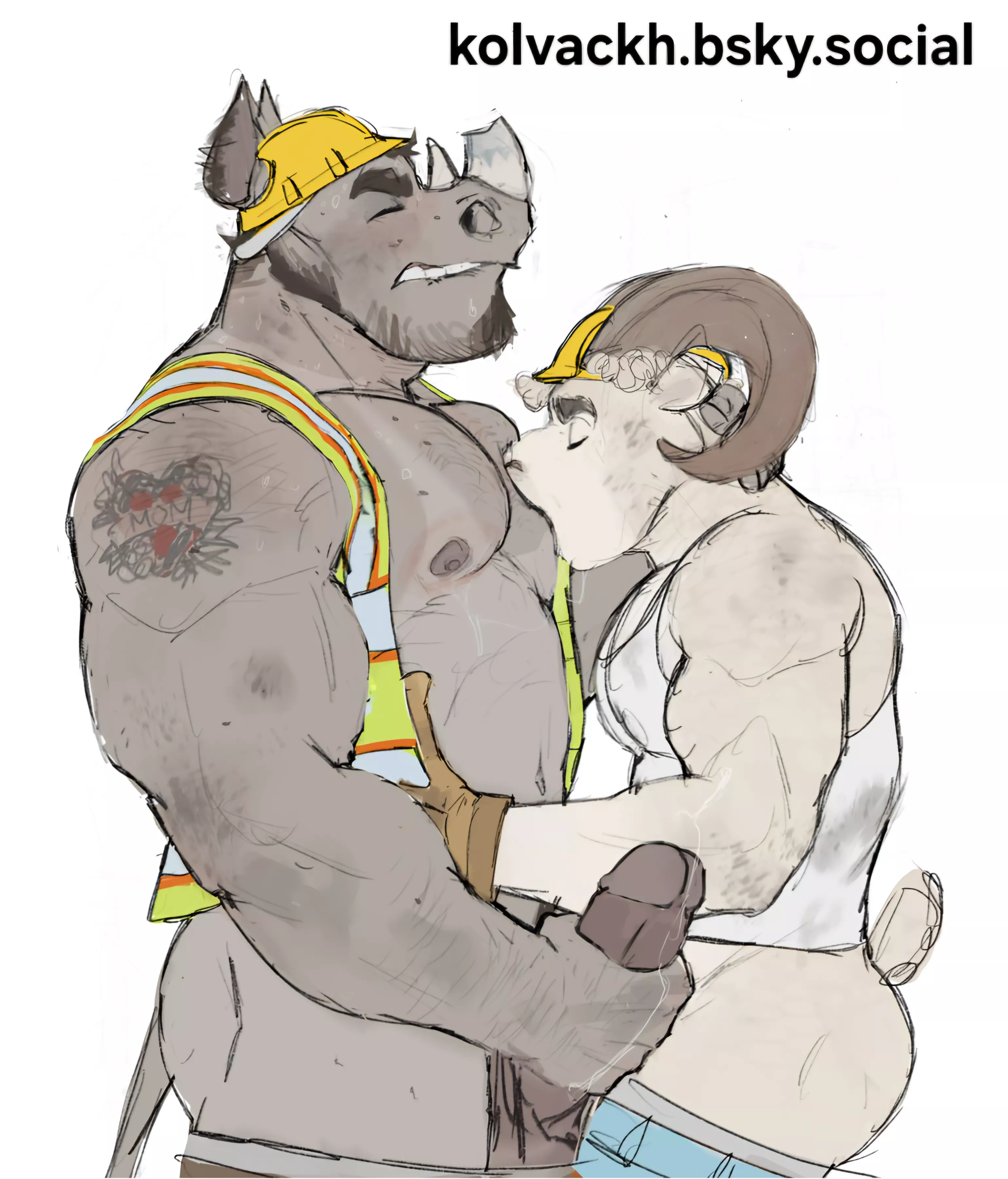 A digital drawing of two male construction workers , a rhinoceros and a sheep , engaging in a sexual act at work. The rhinoceros is masturbating while firmly pressing the sheep’s head against his chest. The sheep is sucking on the rhino’s nipple whil