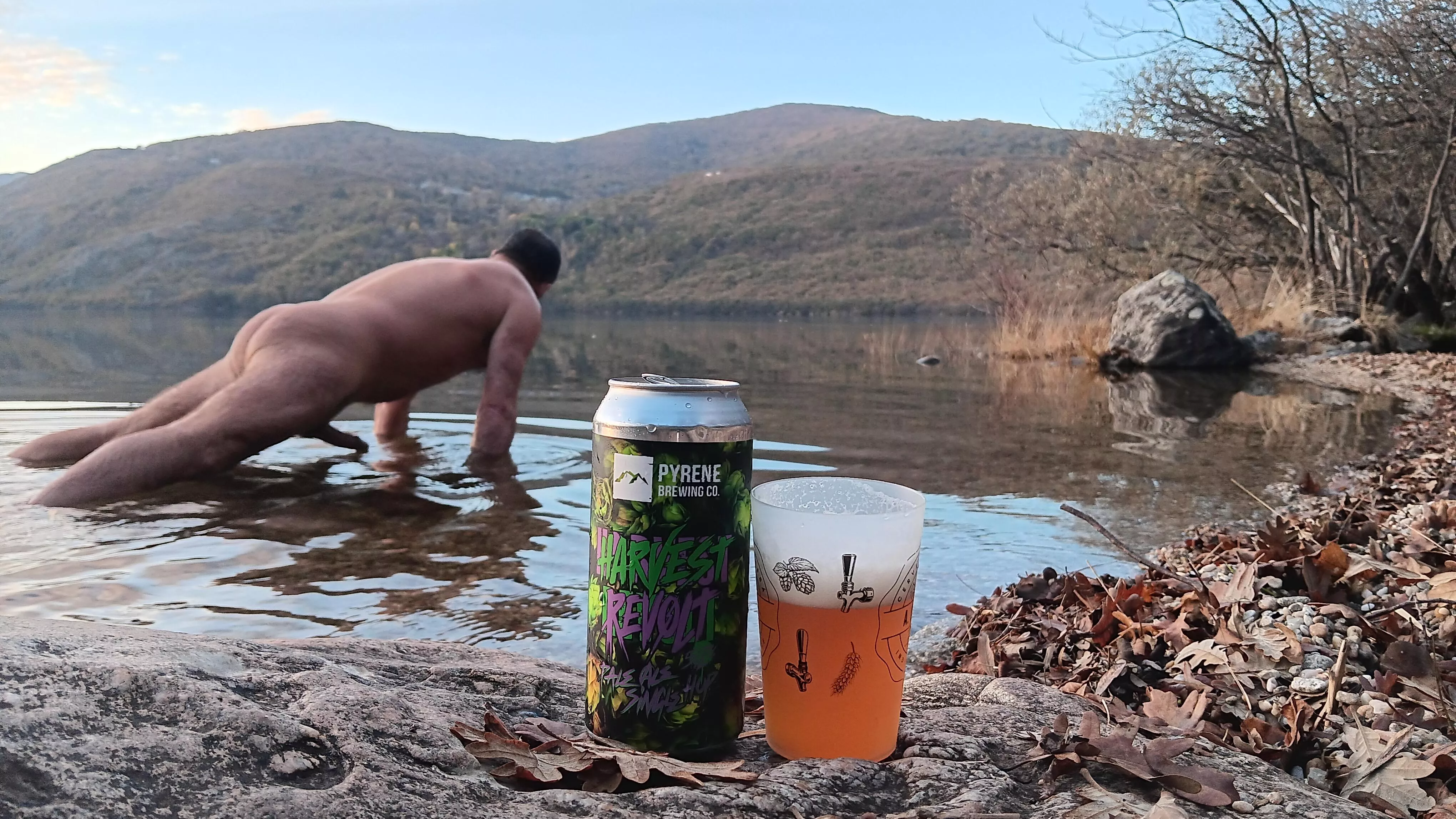 Lake beach. Nudist time with my pale ale Harvest Revolt by Pyrene Beer. 