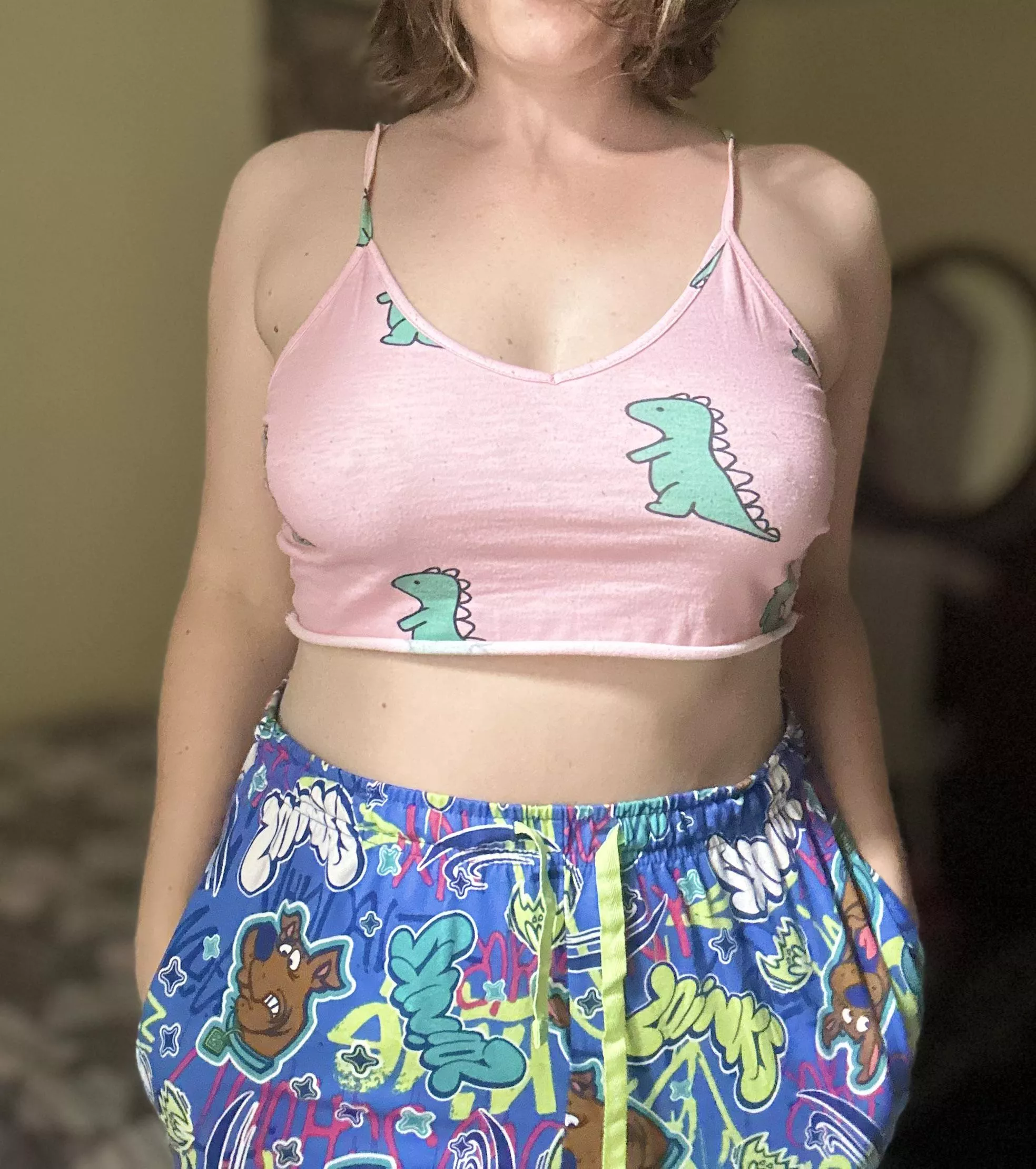 Whaddya think of my cutie Jammie's tonight 🤍Scooby pants and Dino 😋