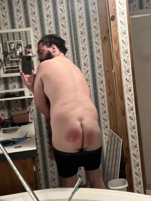 I wasn’t ready to go to work on time so my Mrs gave me ten hard swats with the bath brush. Was it enough??