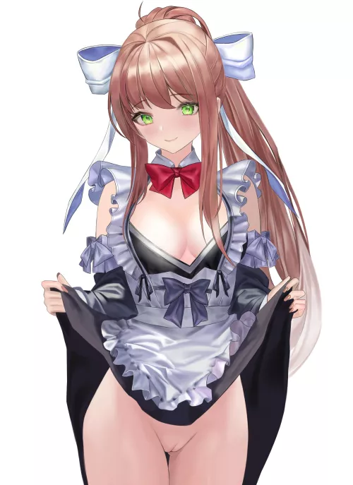 Monika lifts her skirt to reveal her smooth pussy (yami)