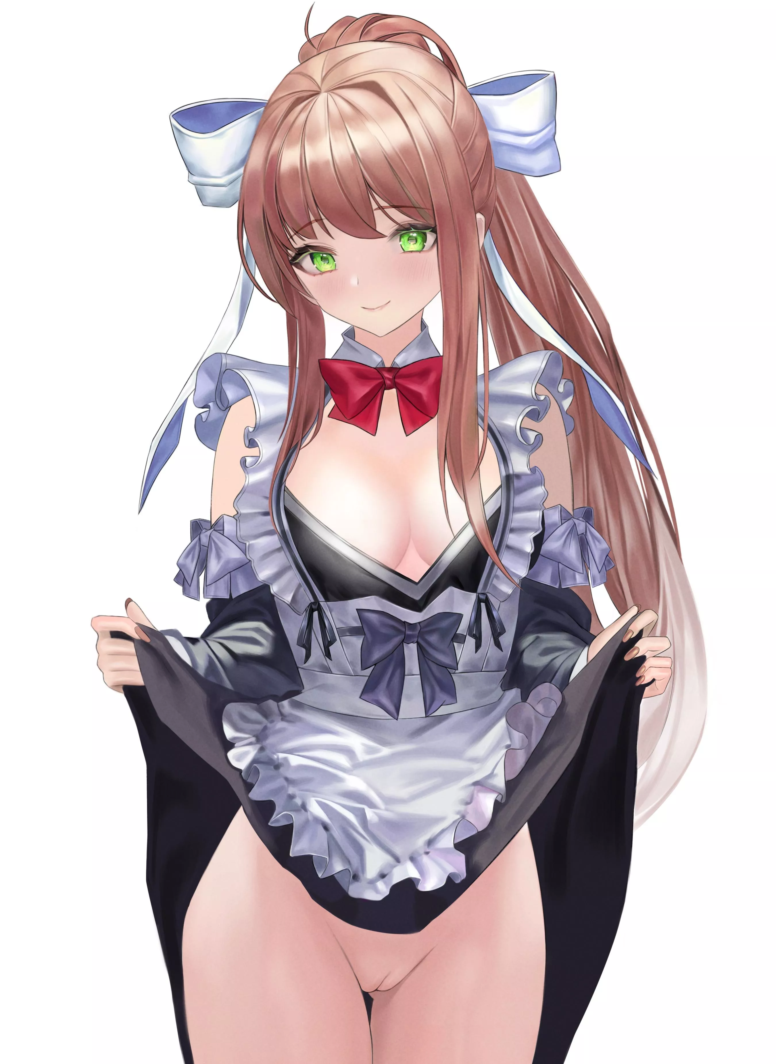 Monika lifts her skirt to reveal her smooth pussy (yami)