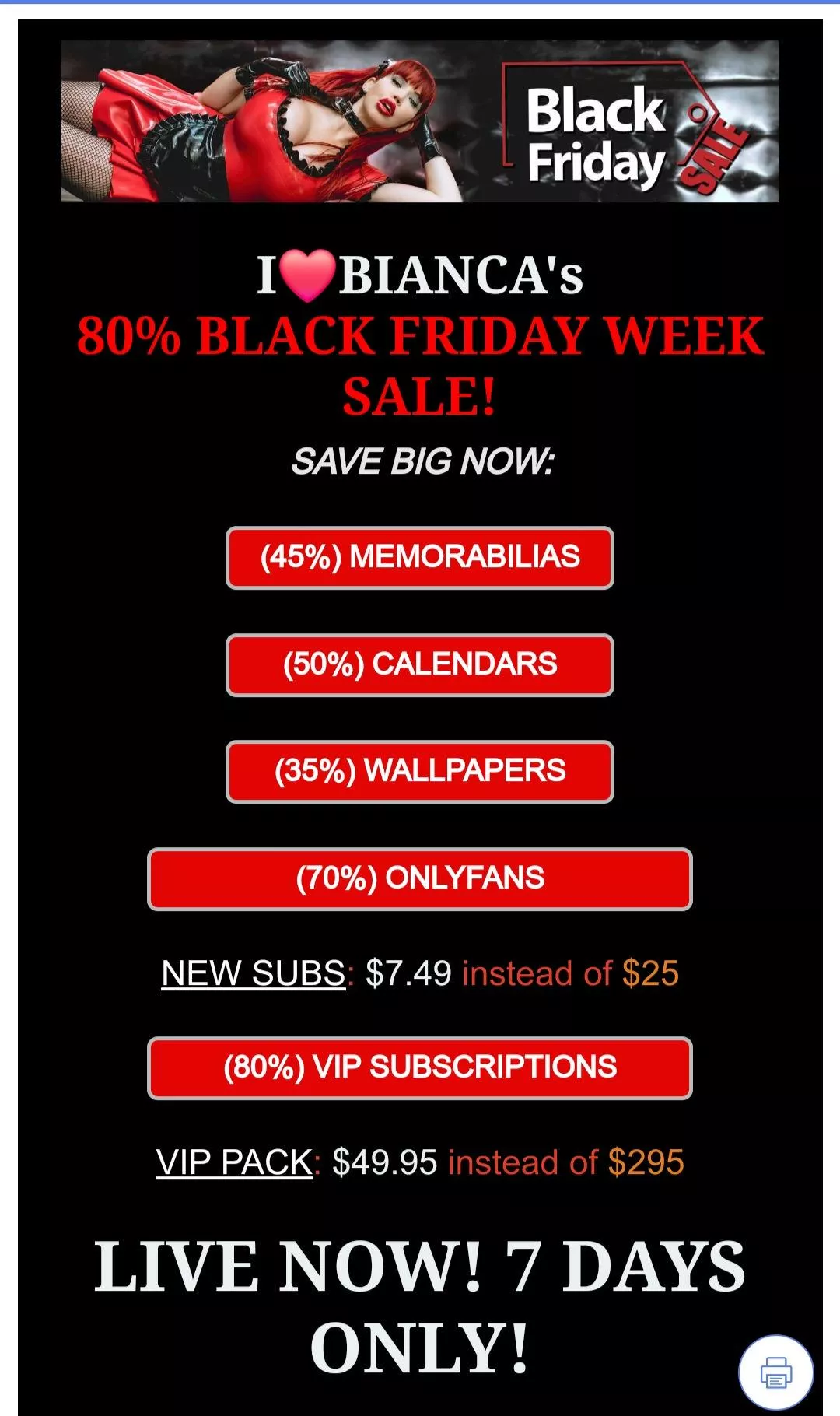 Bianca's Black Friday on her website ILoveBianca 