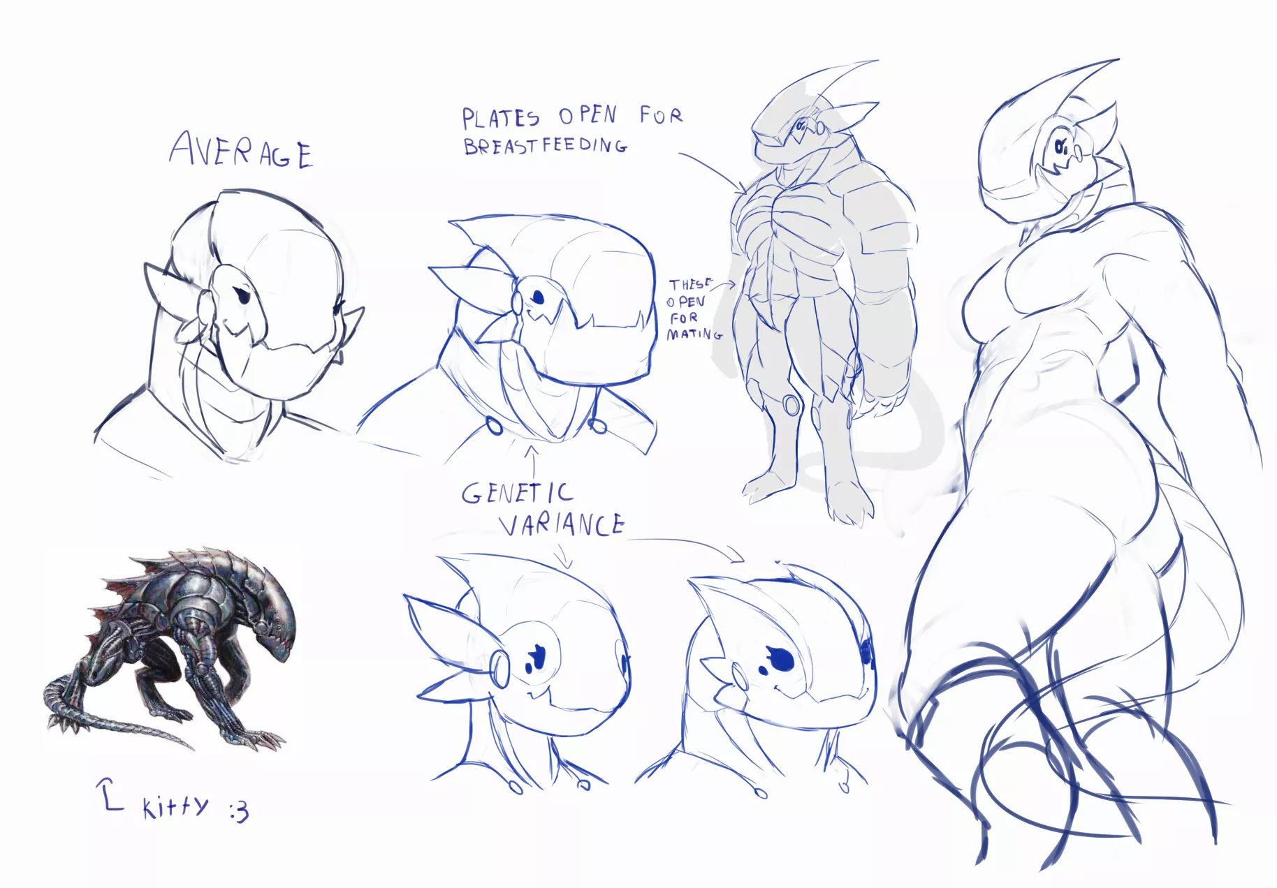 hey guys i been designing this d&d monster (steel predator) into a monstergirl. anyone got suggestions? u can be really open abt it's pretty early on the process thank u