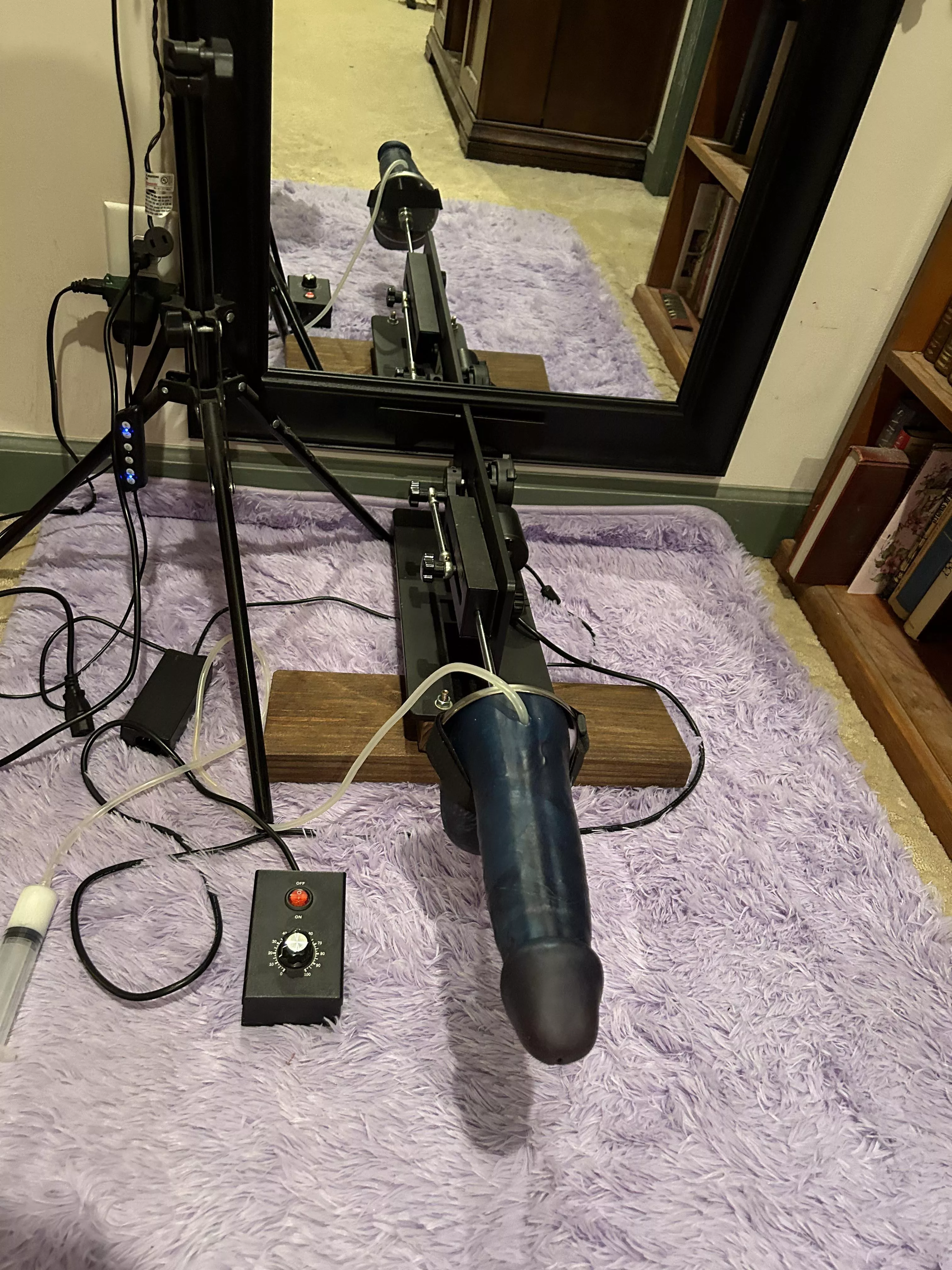 my setup, desktop highsmith mounted to increase height for balls on dildo clearance