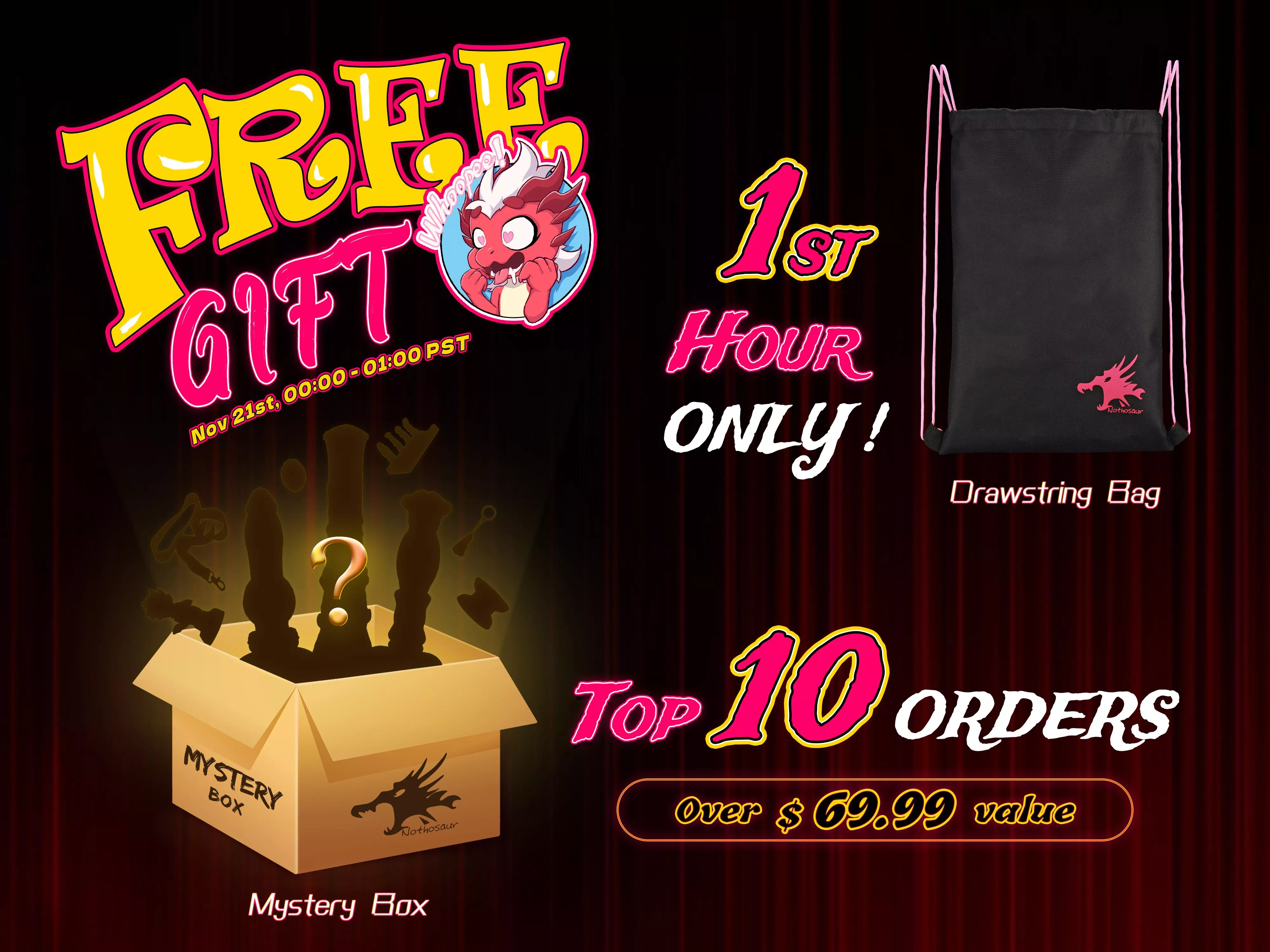 Only one hour to go! Gear up for the action! 🚀 1-Hour Gift: A special drawstring bag，op 10 Orders Surprise: The first 10 orders will receive a mystery box valued at $69.99
