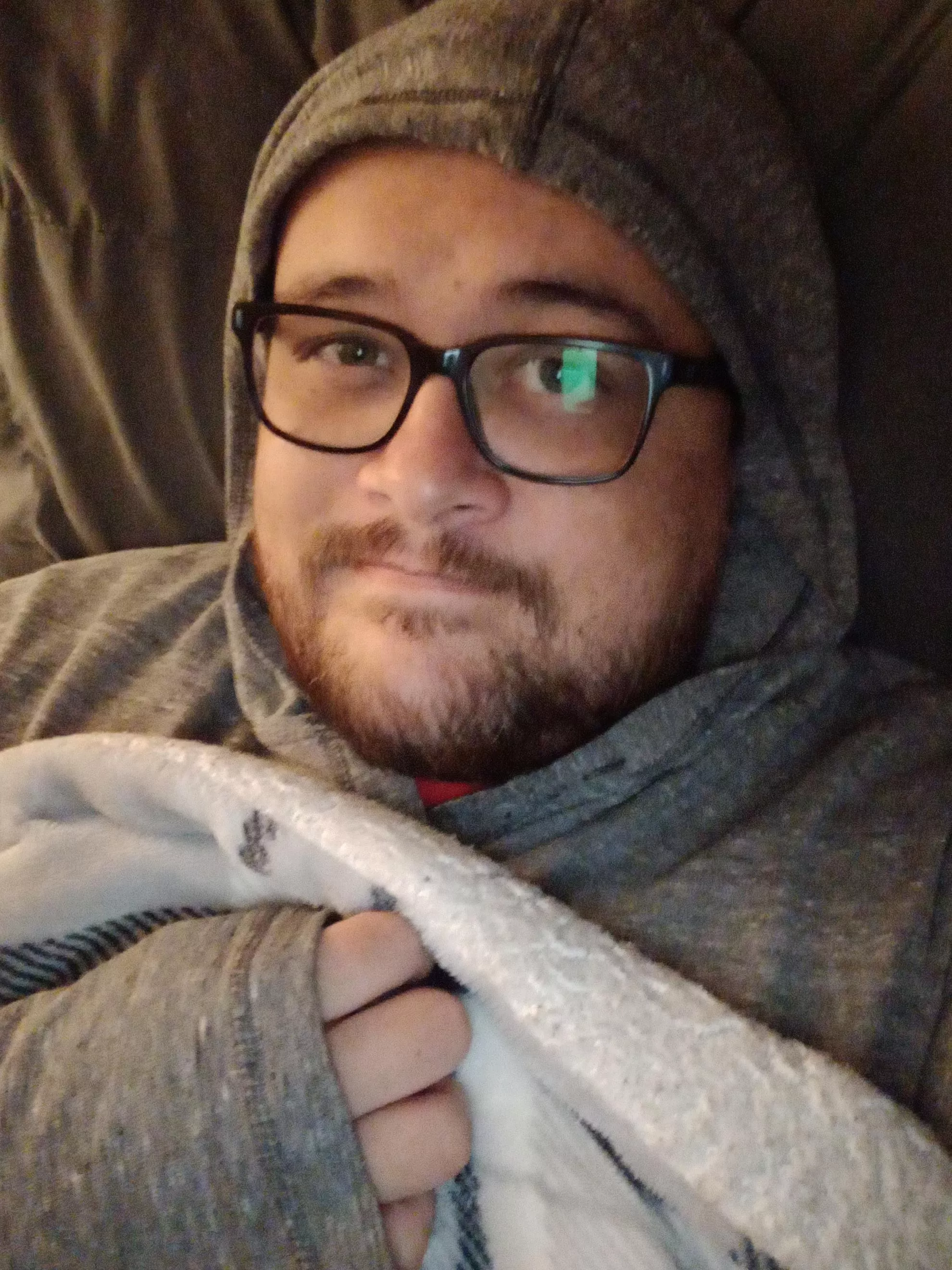 Sick as a dog, but in fairly good spirits.