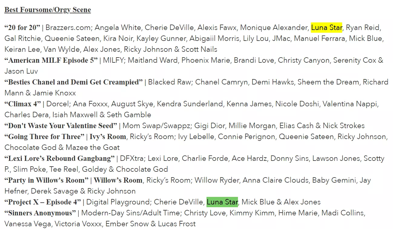 This year's nominees for Luna @ AVN. Very poorly