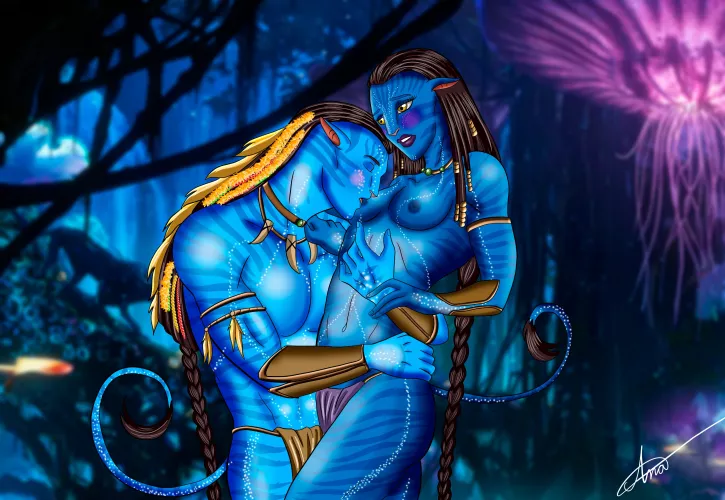 Jake licks Neytiri's nipple in the bioluminescent forest (Lee94Ana)