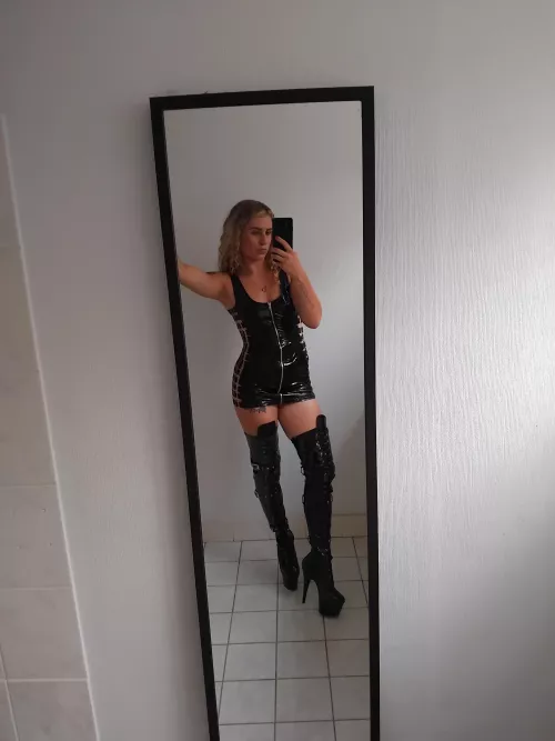 Mirror picture in my hot shiny dress with long boots 