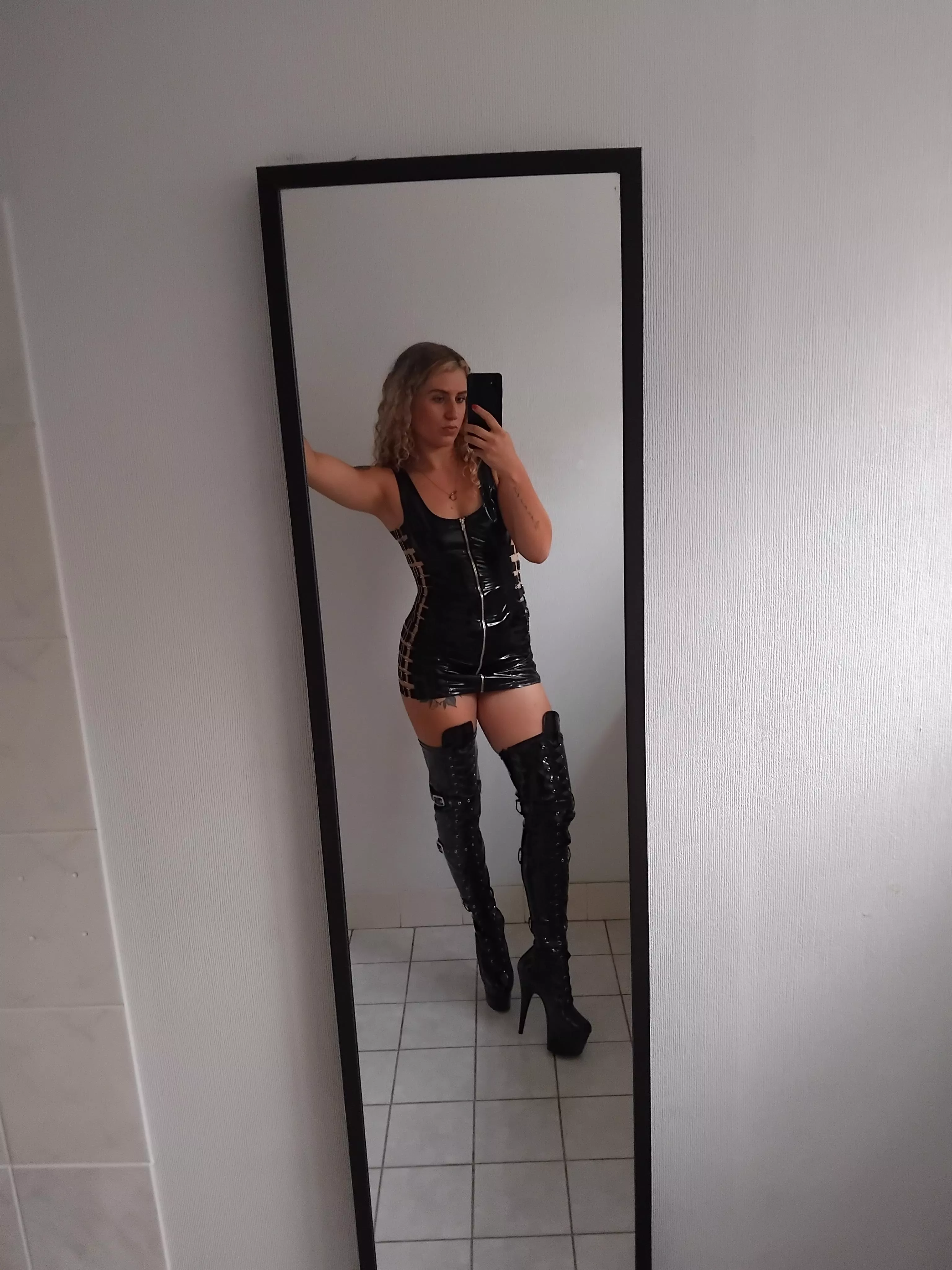 Mirror picture in my hot shiny dress with long boots 