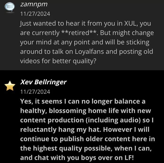Official comment post about retirement on Xevunleashed (website) 