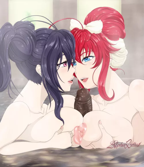 Rias and akeno is using her big tits to play with a BBC dick.