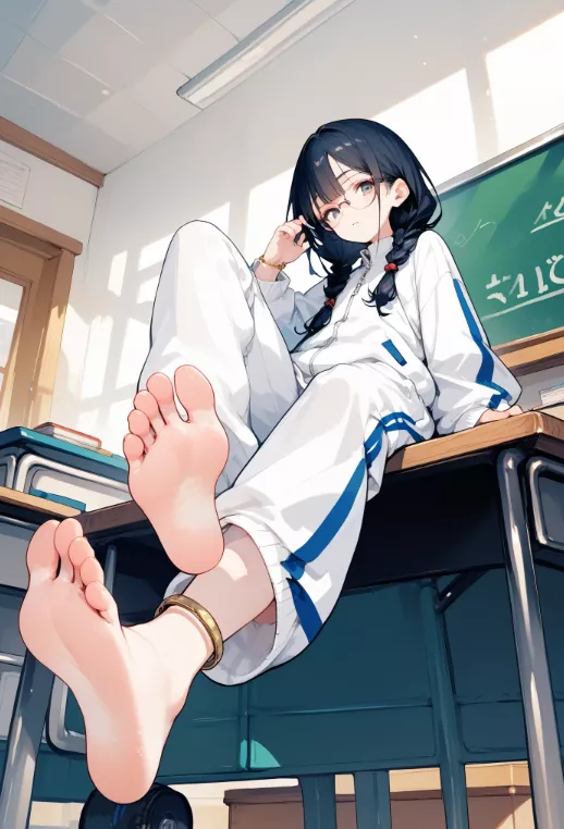 sitting on a desk with her feet up (Biu)