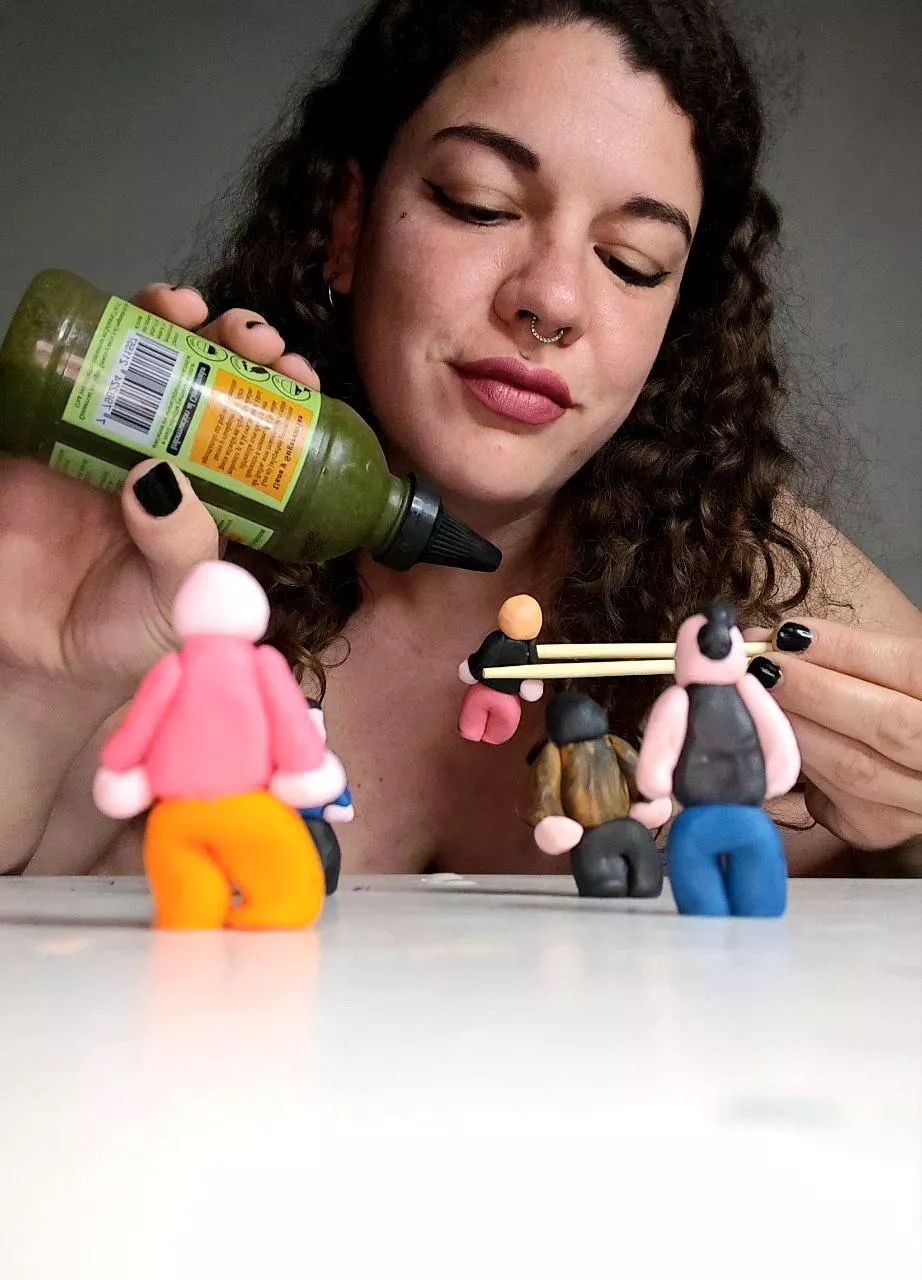 They say that tinies with hot sauce are very delicious. My stomach roars, my mouth drools and my uvula dances inside my mouth 🤤 {f}