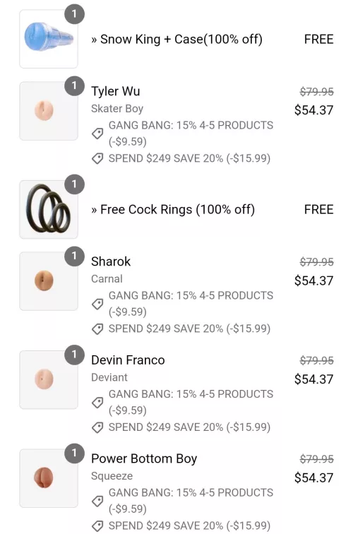 Think I'm gonna do pretty good with this order. I usually get corresponding dildos, but decided to go heavy on the sleeves. I'll probably get the dildos later. 