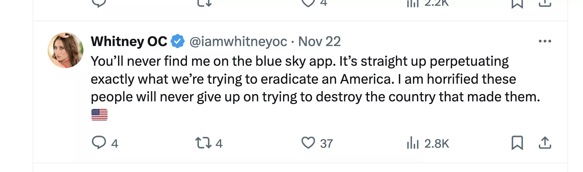 Whitney OC won't be on BlueSky