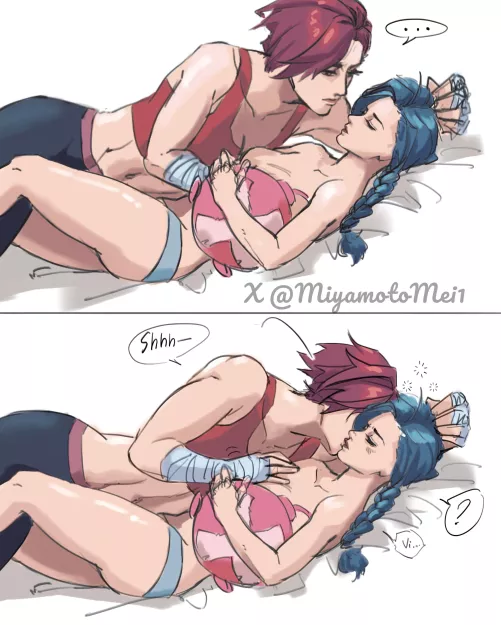Vi and Jinx cuddling and kissing [League of Legends] (MiyamotoMei1)