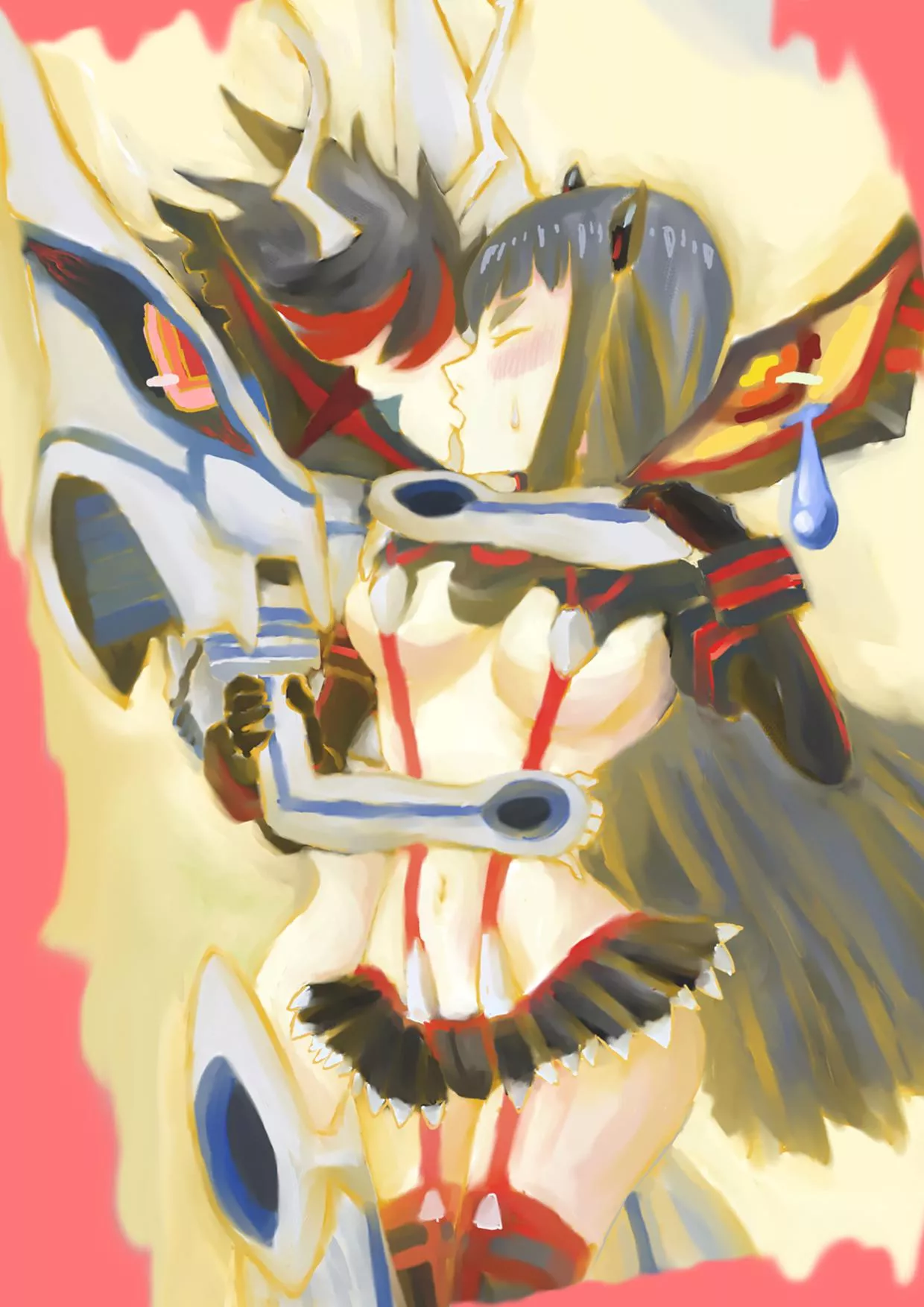 Ryuko hugging and kissing Satsuki from behind [Kill la Kill] (はここころ)