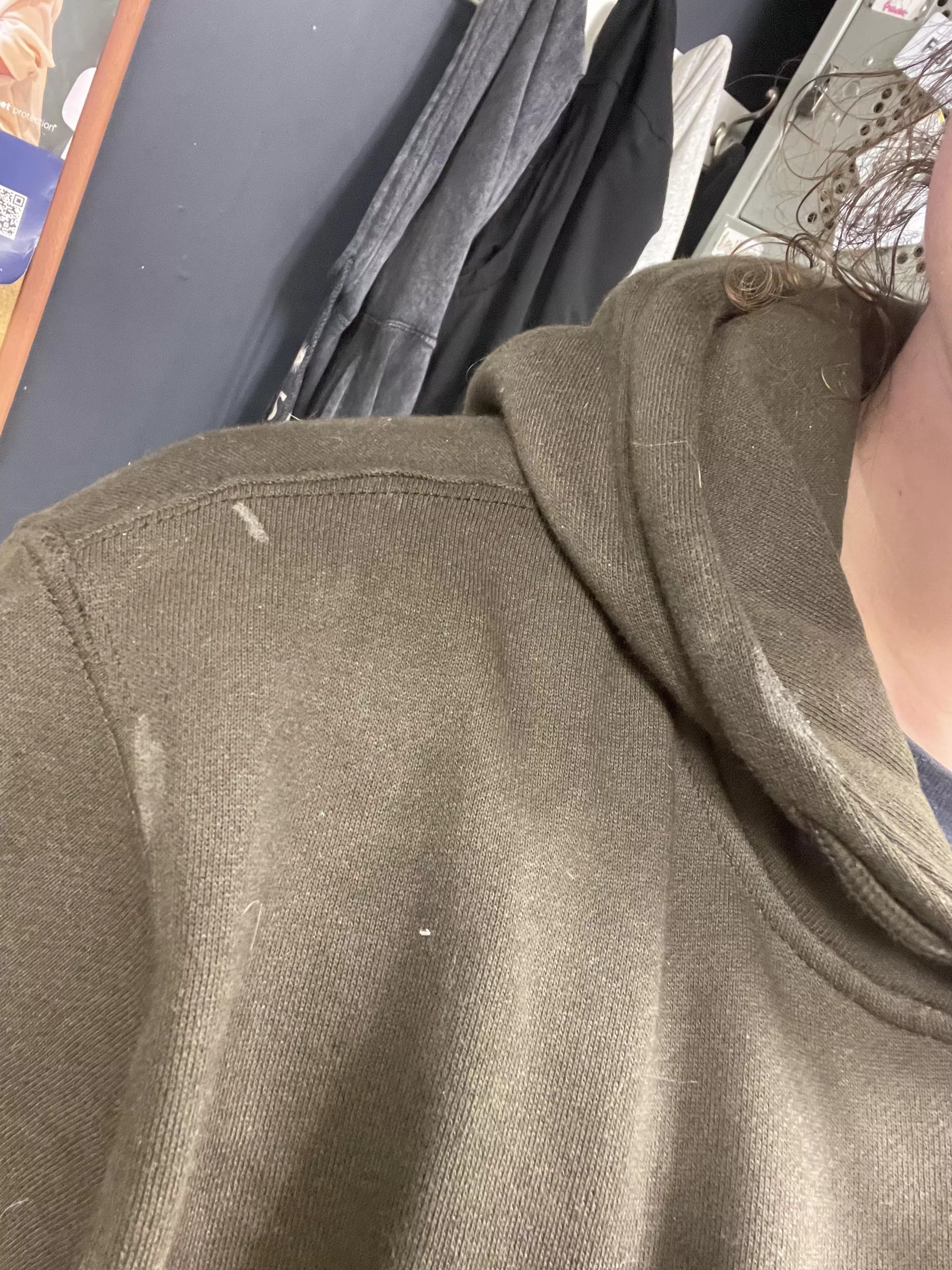 when you shot over your shoulder last night, and accidentally wore your cumstained hoodie to work 🫢