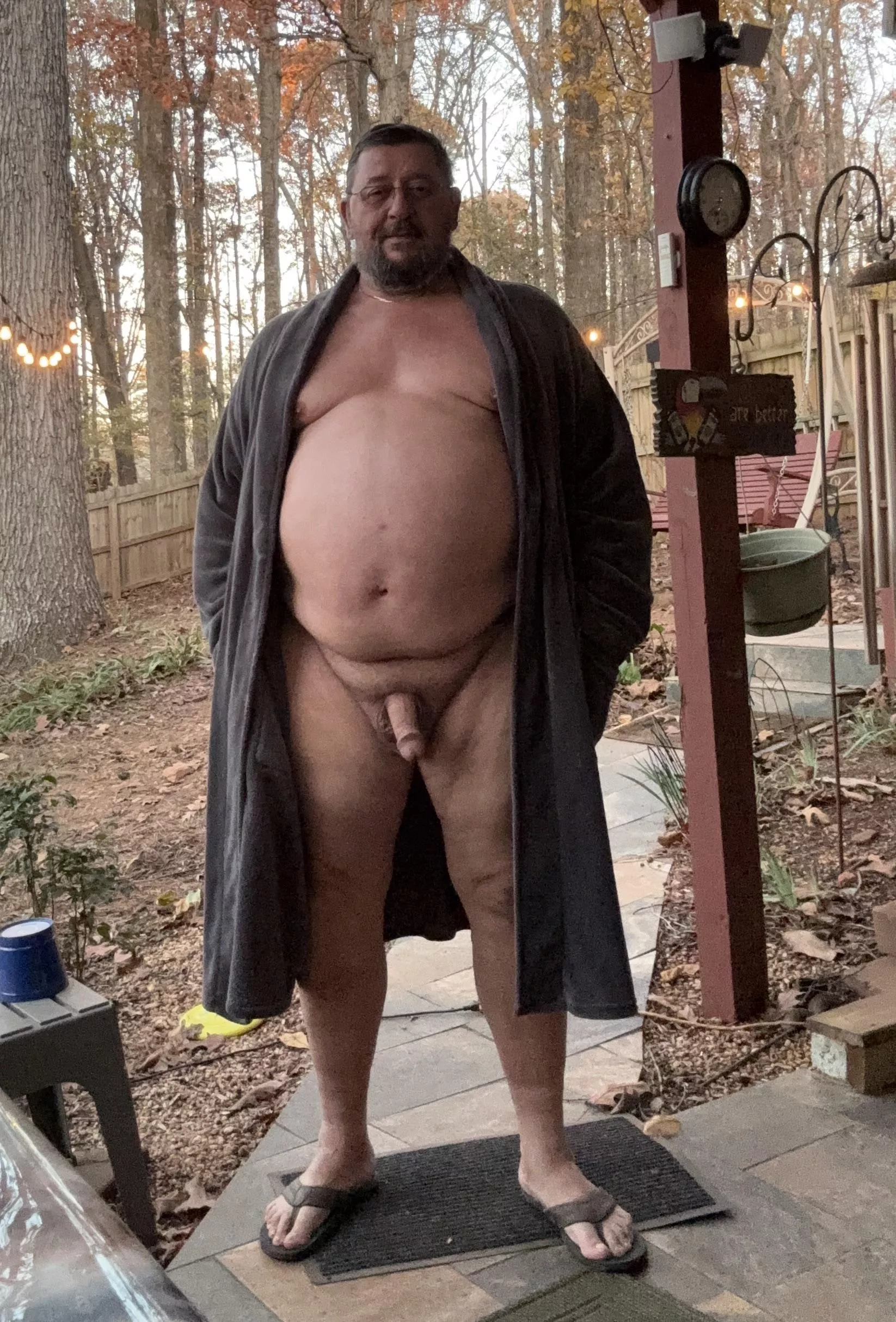 Getting in our hot tub. Winter time nude time. 