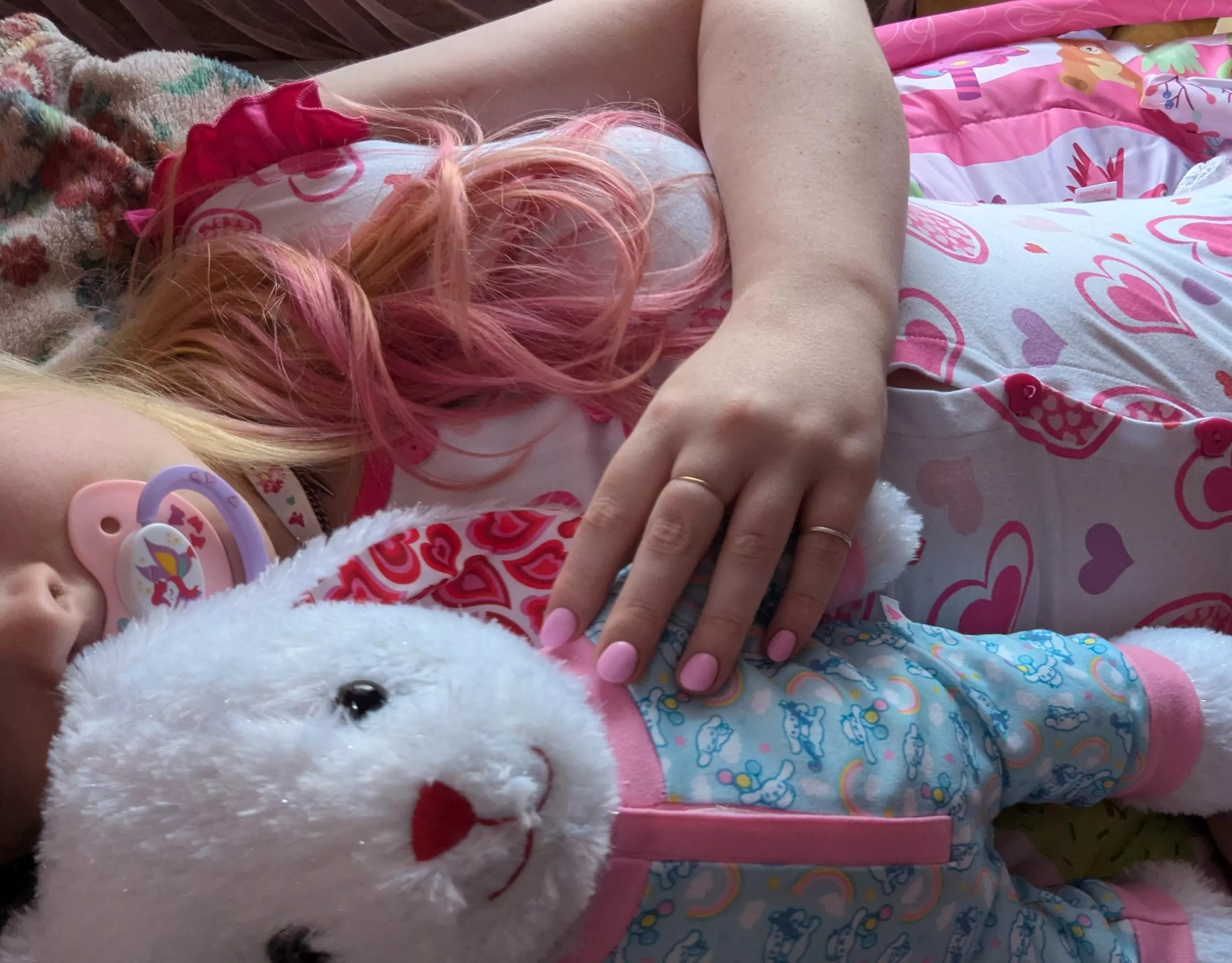 I got my nails done! They're my favorite color, too! And my onesie matches my bunny. 😁☺️❤️
