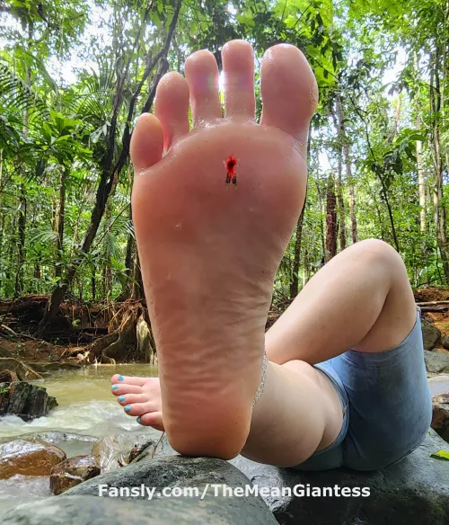 I was exploring the rainforest on my vacation and not looking out for pathetic tinies beneath my feet. I didn't even feel you squish flat beneath my foot. Now my divine footsteps will reduce your worthless existence to a stain on my sole.