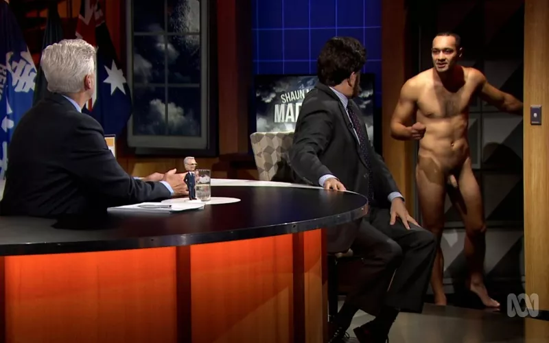 Naked guy interrupts an interview on a television show. (Video link in comments.)