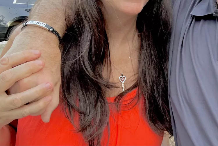 Recent date night dinner: not only did I have my key proudly displayed but I had him wear the bracelet I just gave him. It reads 