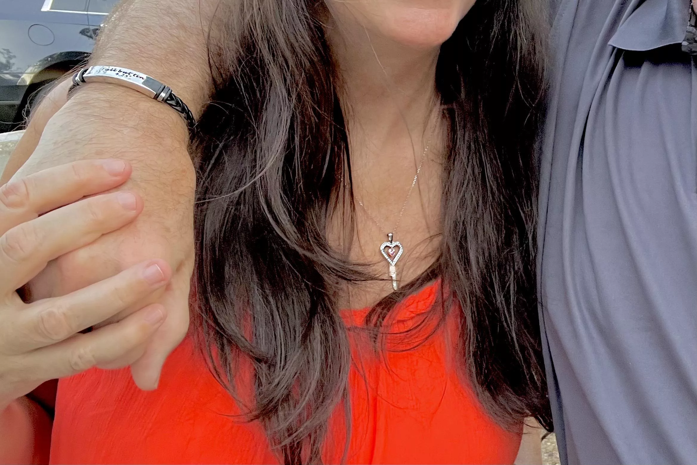 Recent date night dinner: not only did I have my key proudly displayed but I had him wear the bracelet I just gave him. It reads 