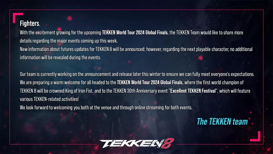 The next Tekken 8 DLC character will not be shown at TWT finals 