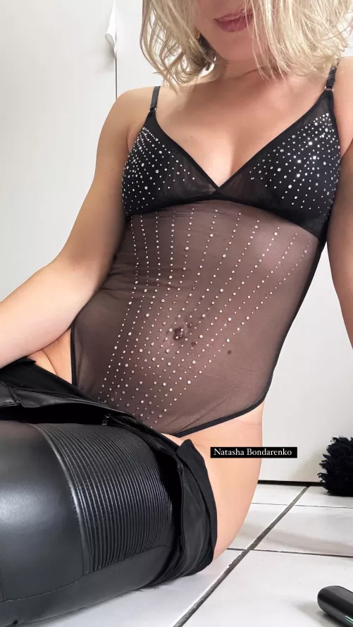 Under my leather leggins…shiny bodysuit 