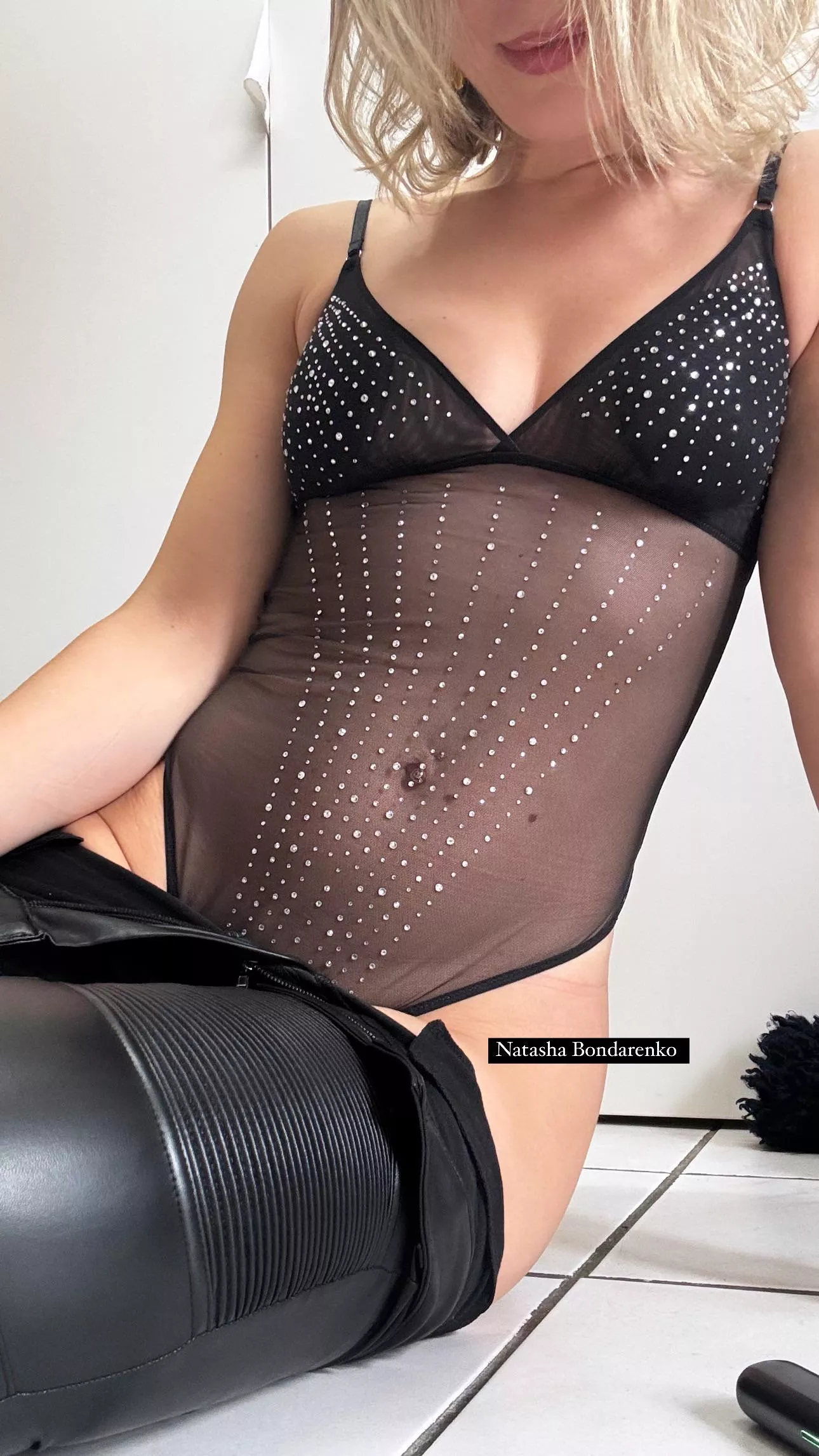 Under my leather leggins…shiny bodysuit 