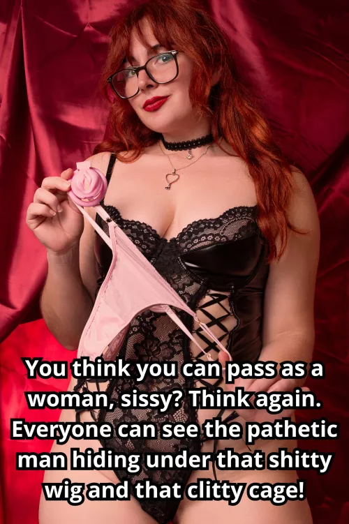 You're just a pathetic, locked-up sissy, aren't you? Beg for the key. Maybe I'll take pity on you... maybe.
