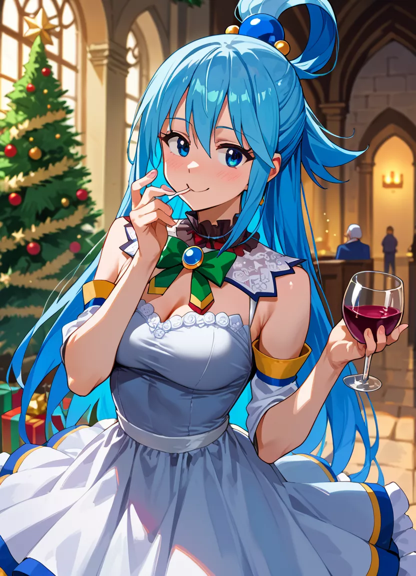 Aqua at an elegant Christmas party, enjoying a good wine.
